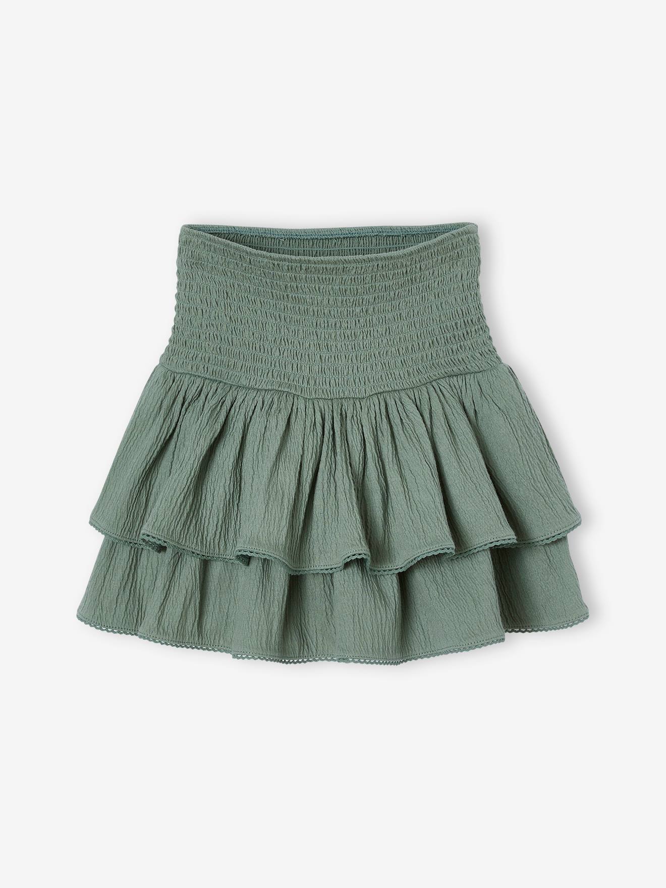 Jupe à volants taille smockée fille vert sauge