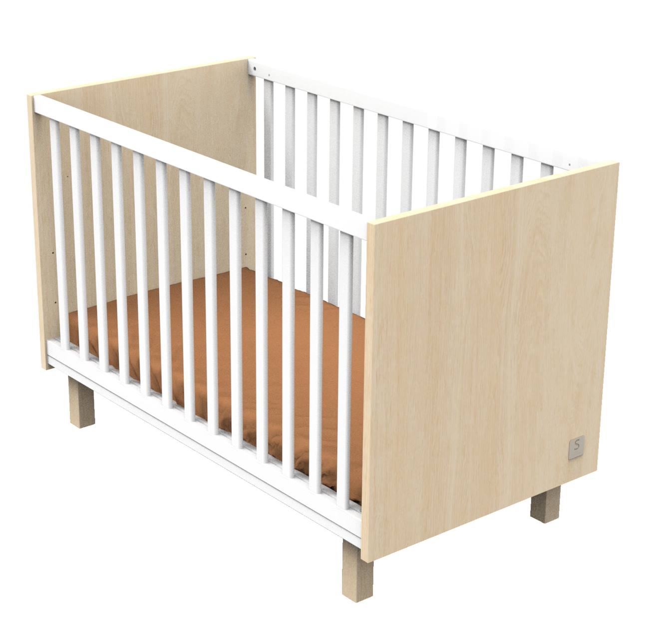 Lit Bébé Avec Pieds Décor Chêne Velours Et Balustres Blancs - Nature Marron
