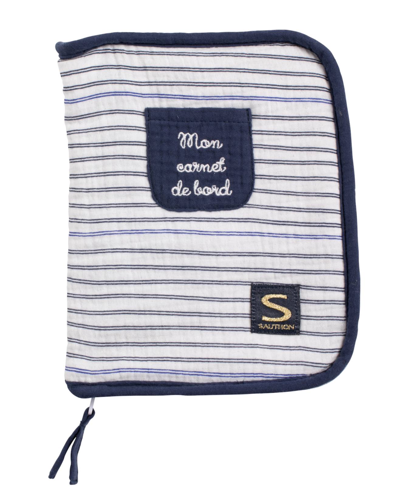 Protège Carnet De Santé En Double Gaze De Coton Marinière Blanc/bleu