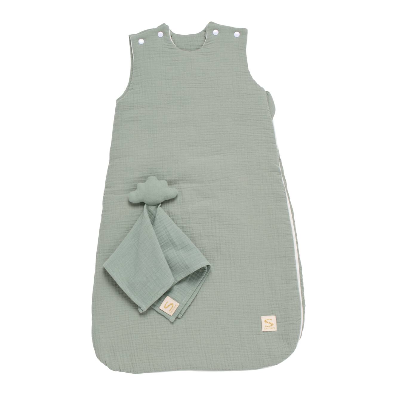 Gigoteuse Bébé Hiver En Double Gaze De Coton Et Son Doudou Mouchoir - Uni Vanilla Vert