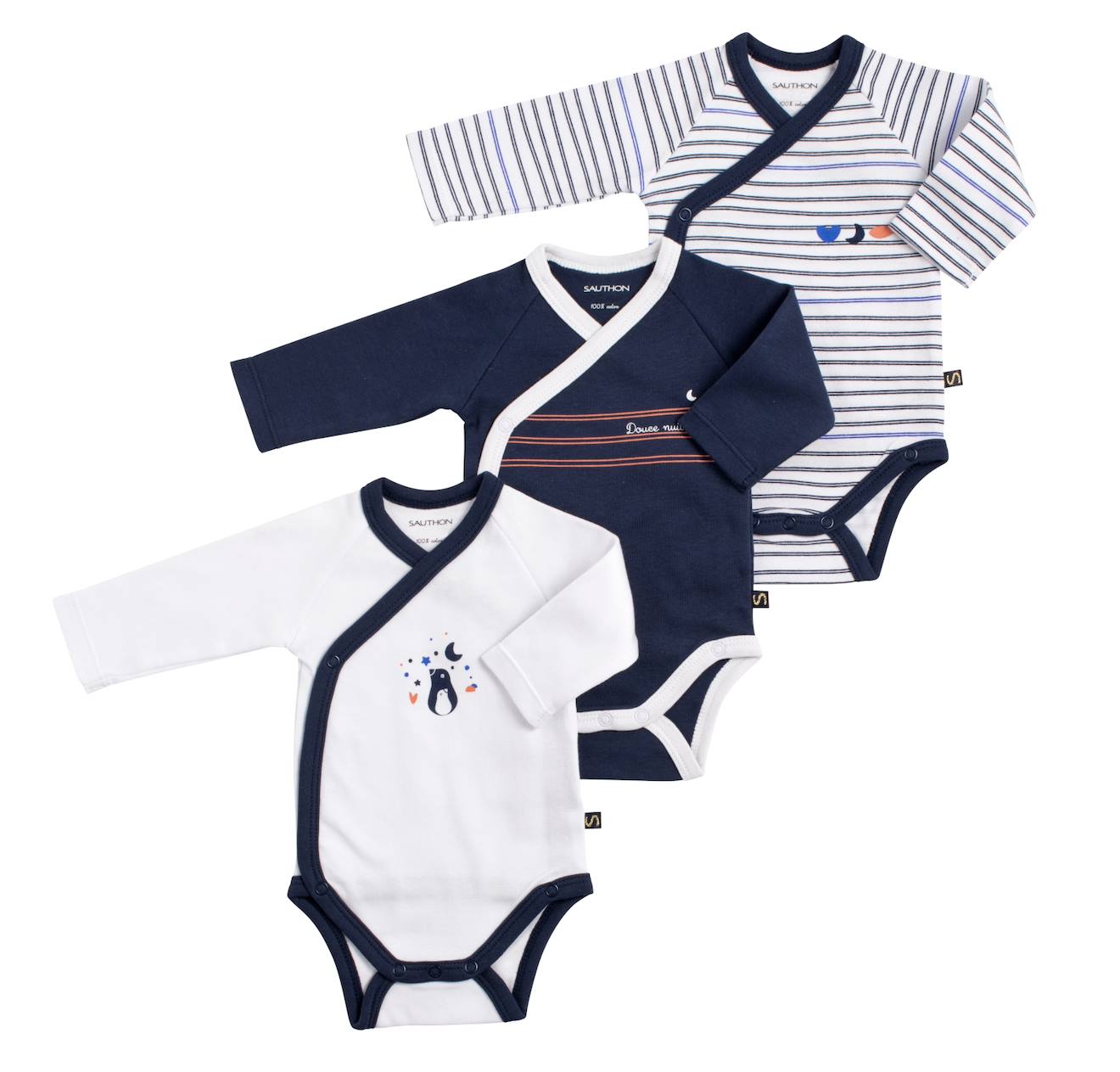 Bodies Bébé Croisés À Manches Longues Lot De 3 Bleu/blanc
