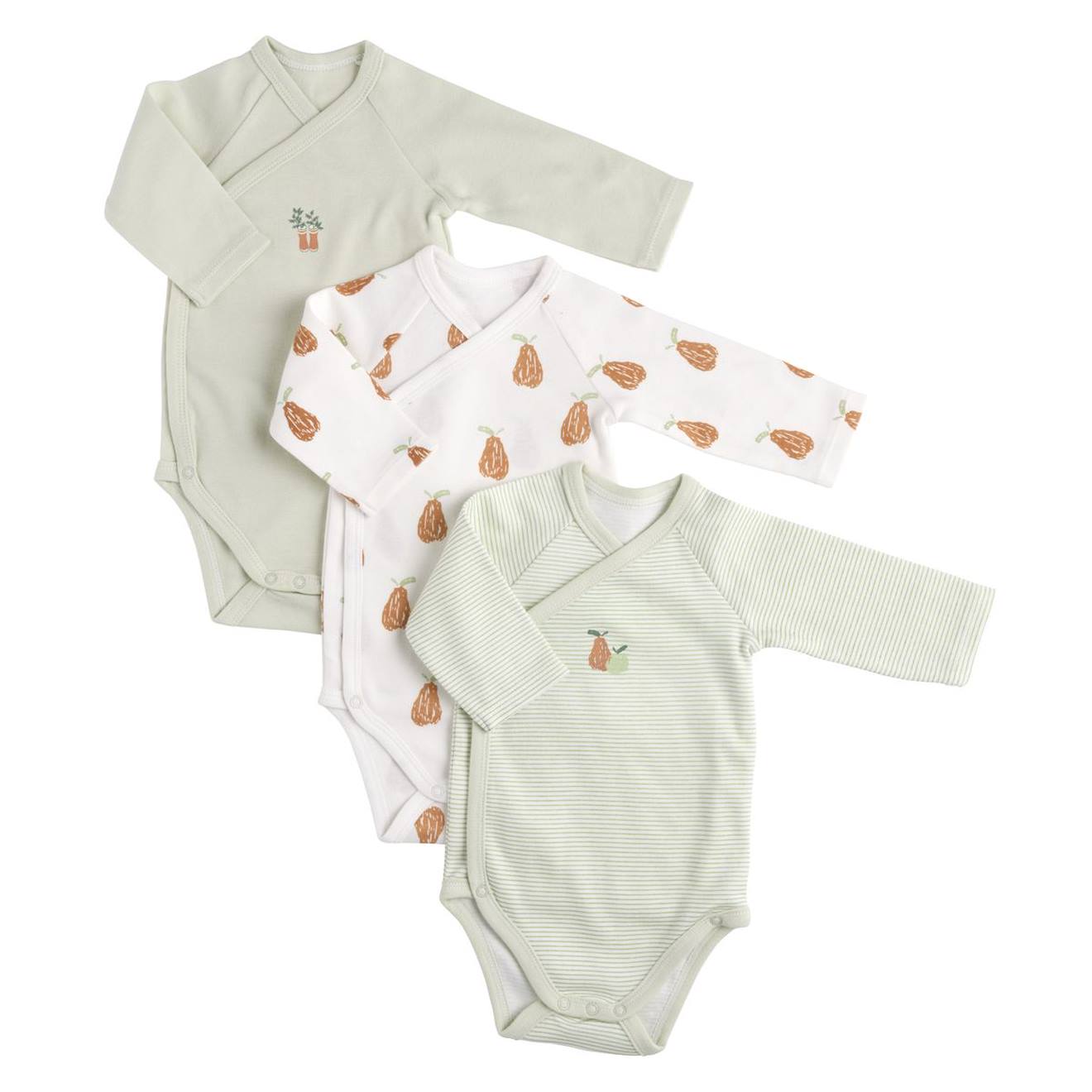 Bodies Bébé Manches Longues En Coton Lot De 3 Vert/blanc