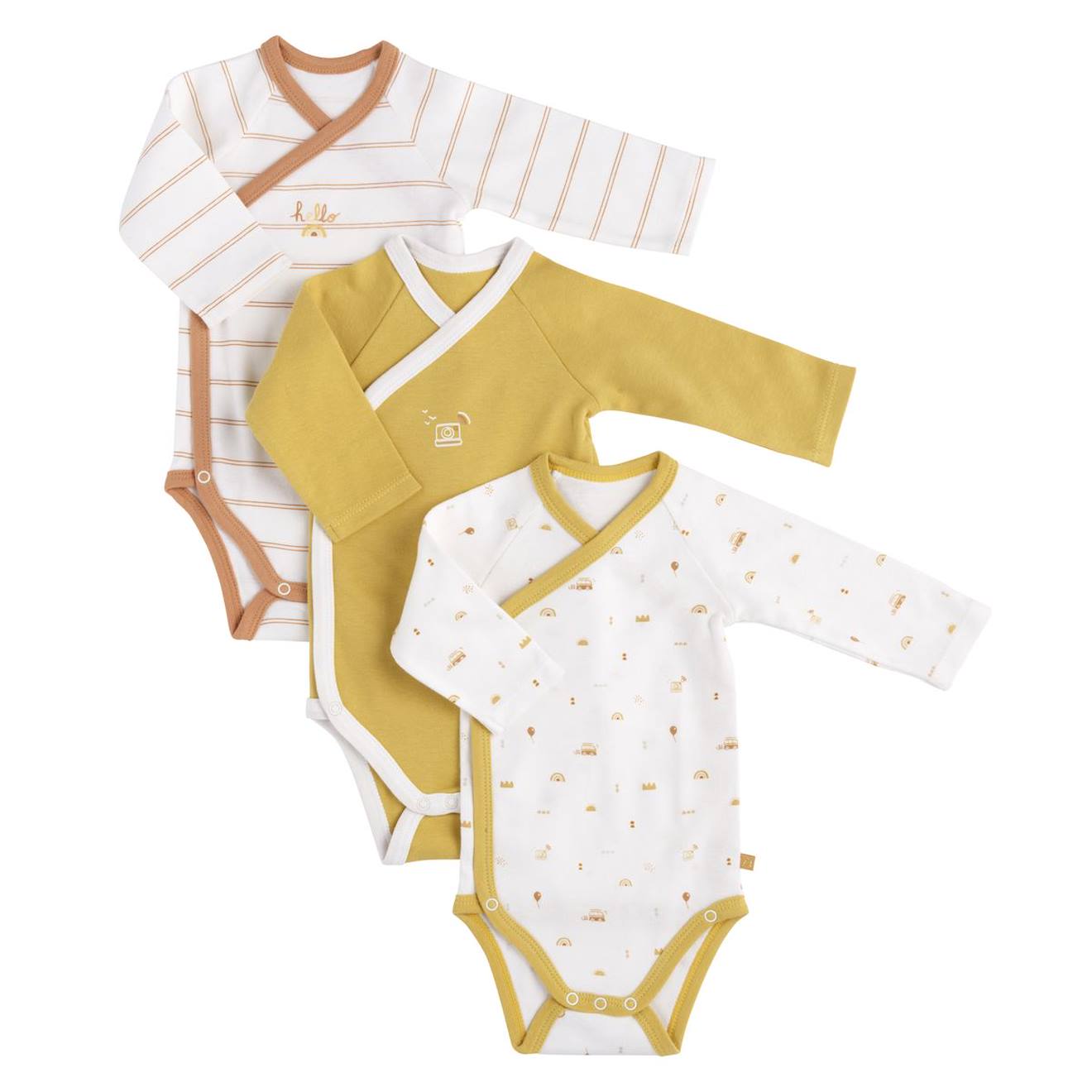 Bodies Bébé En Coton À Manches Longues Lot De 3 Jaune/blanc