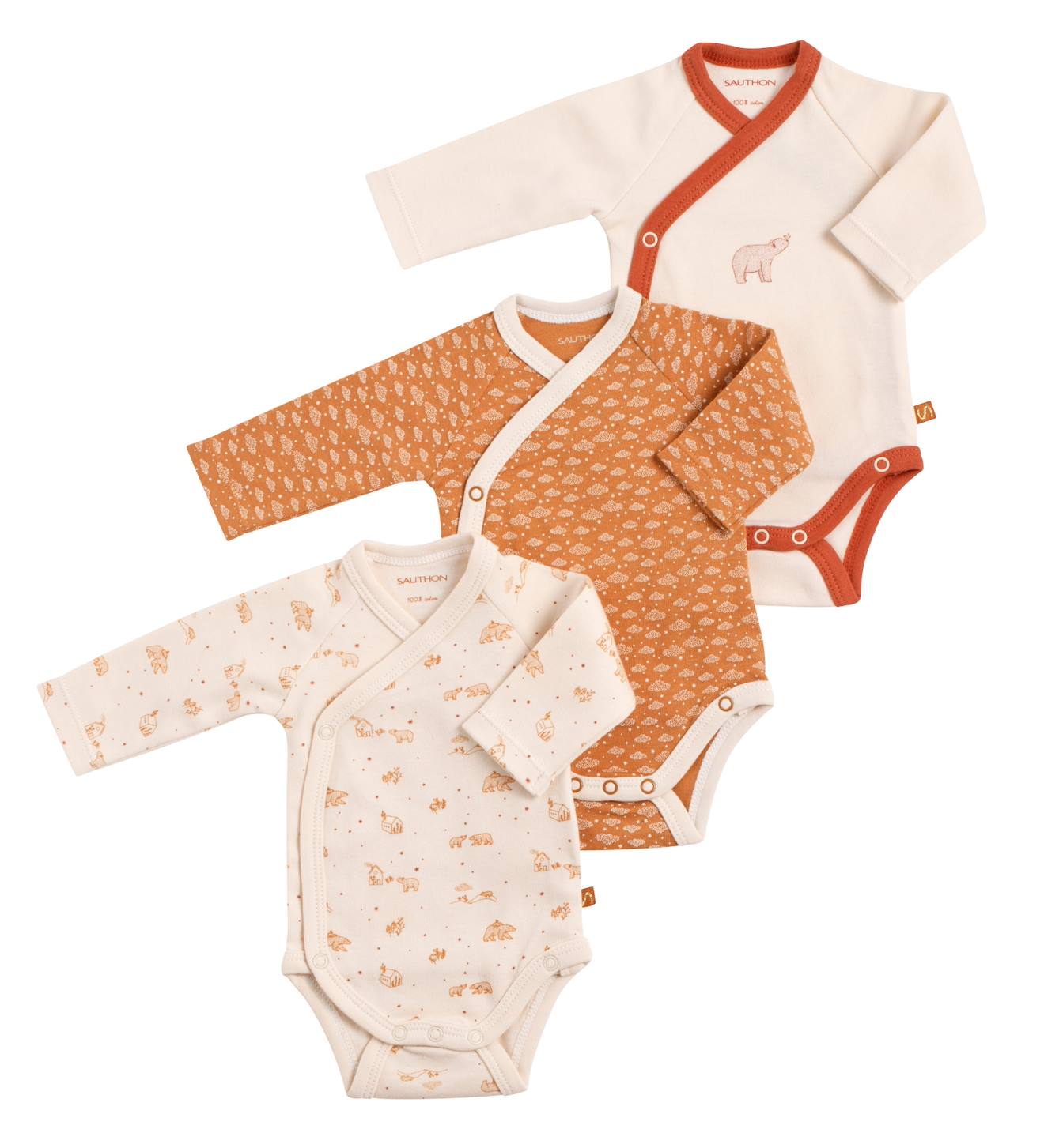 Bodies Bébé Croisés À Manches Longues Lot De 3 Beige/marron