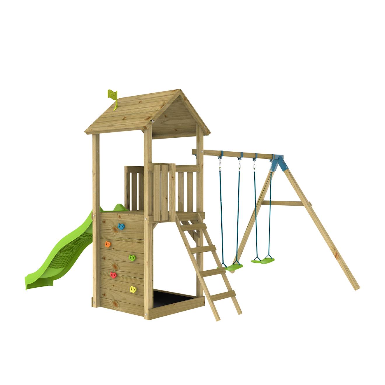 Aire De Jeux Plateforme Toboggan Olivète Bois Fsc® Marron - Bleu - Vert