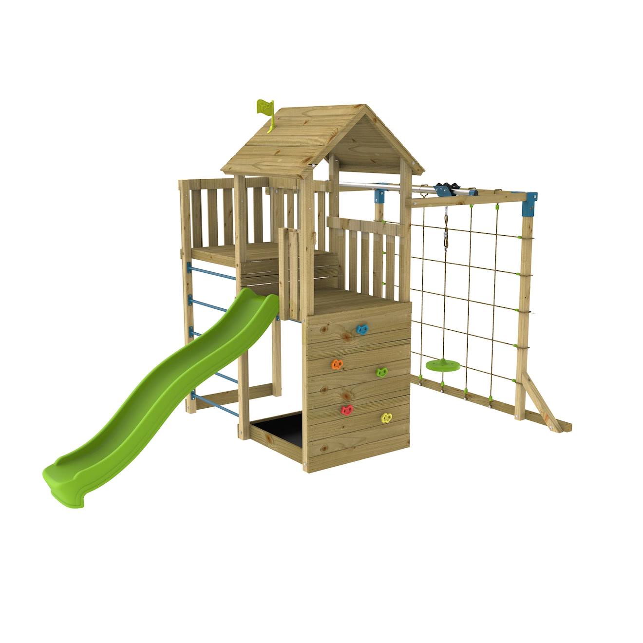 TP Toys - Aire Jeux Double Plateforme Santoline Bois Fsc® Marron - Bleu - Vert