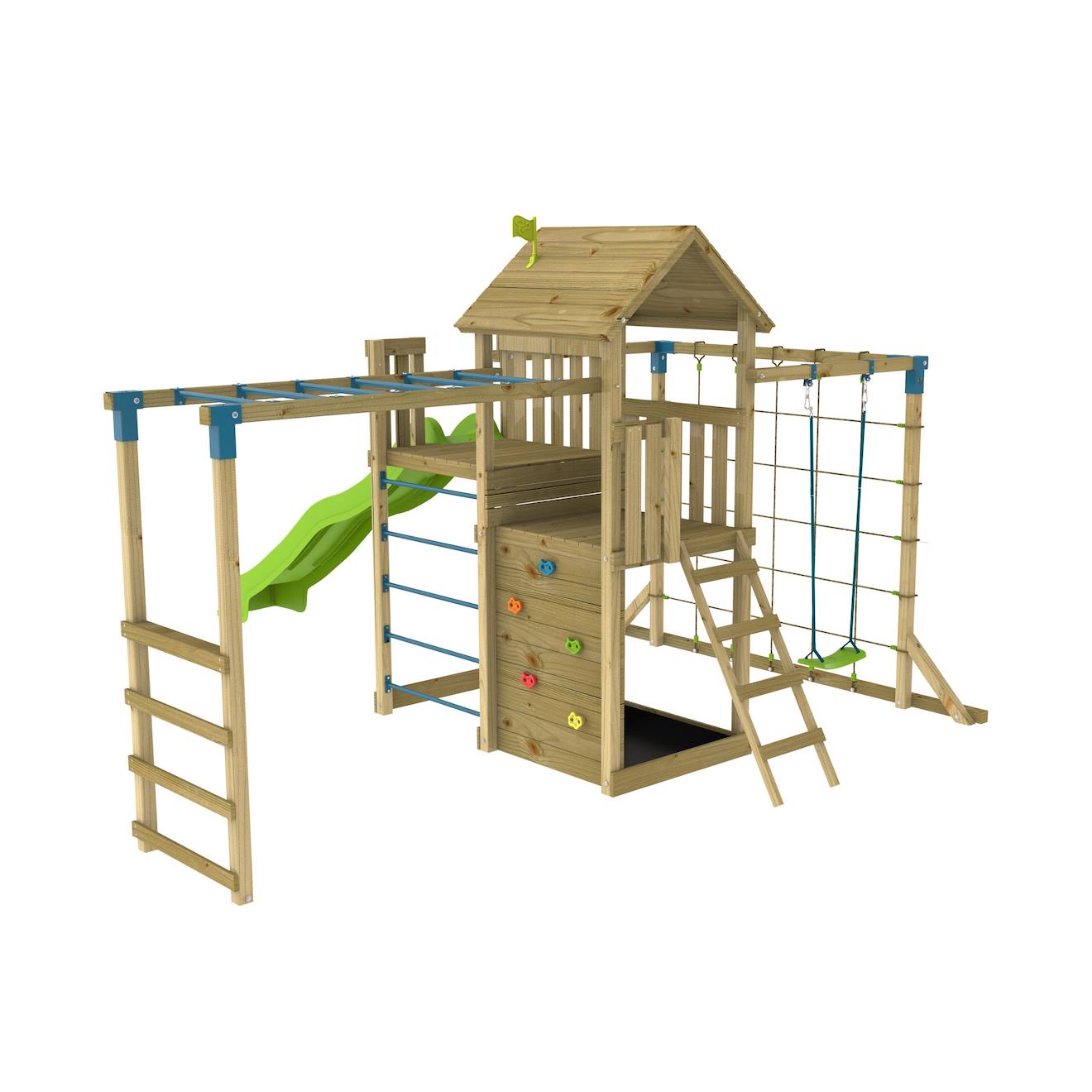 TP Toys - Aire De Jeux Double Plateforme Tilleul Bois Fsc® Marron - Bleu - Vert