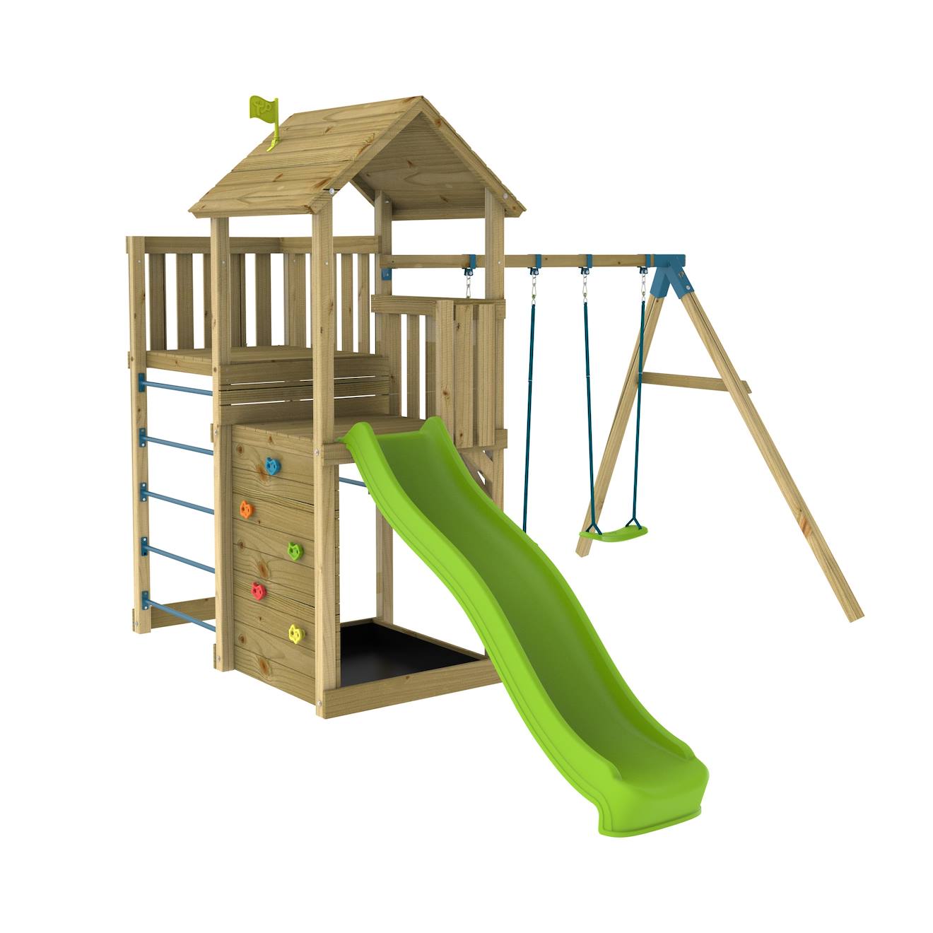 Aire Jeux Double Plateforme Sarriette Bois Fsc® Marron - Bleu - Vert