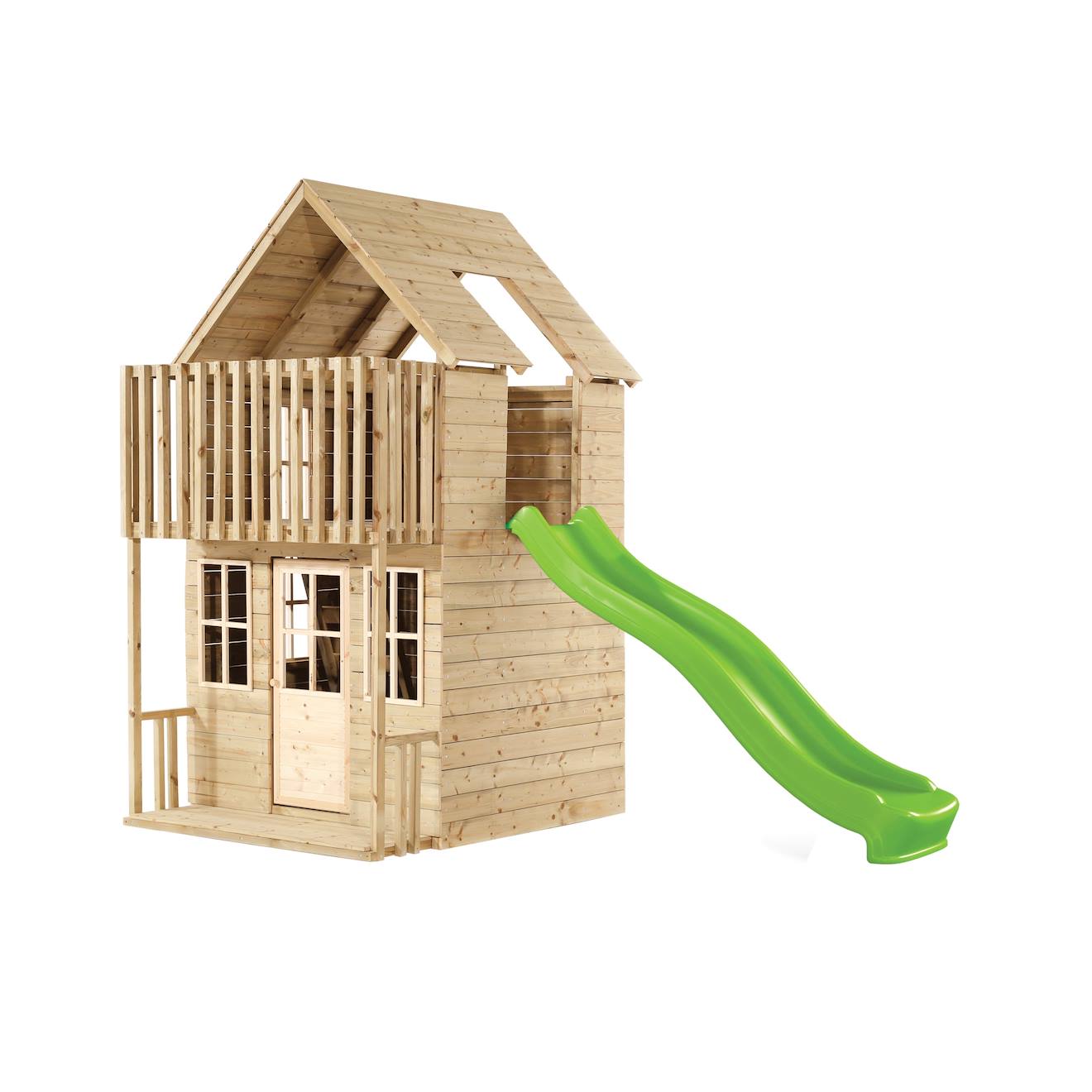 TP Toys - Maisonnette Cabane Avec Toboggan Loft Bois Fsc® Marron - Vert