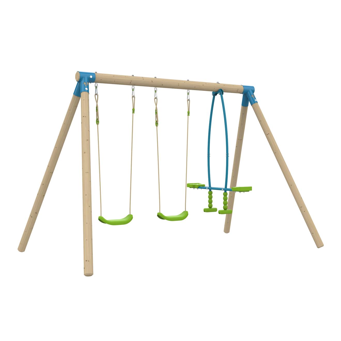 Portique 2 Balançoires Et Vis-à-vis Anémone Bois H190cm Marron - Bleu - Vert