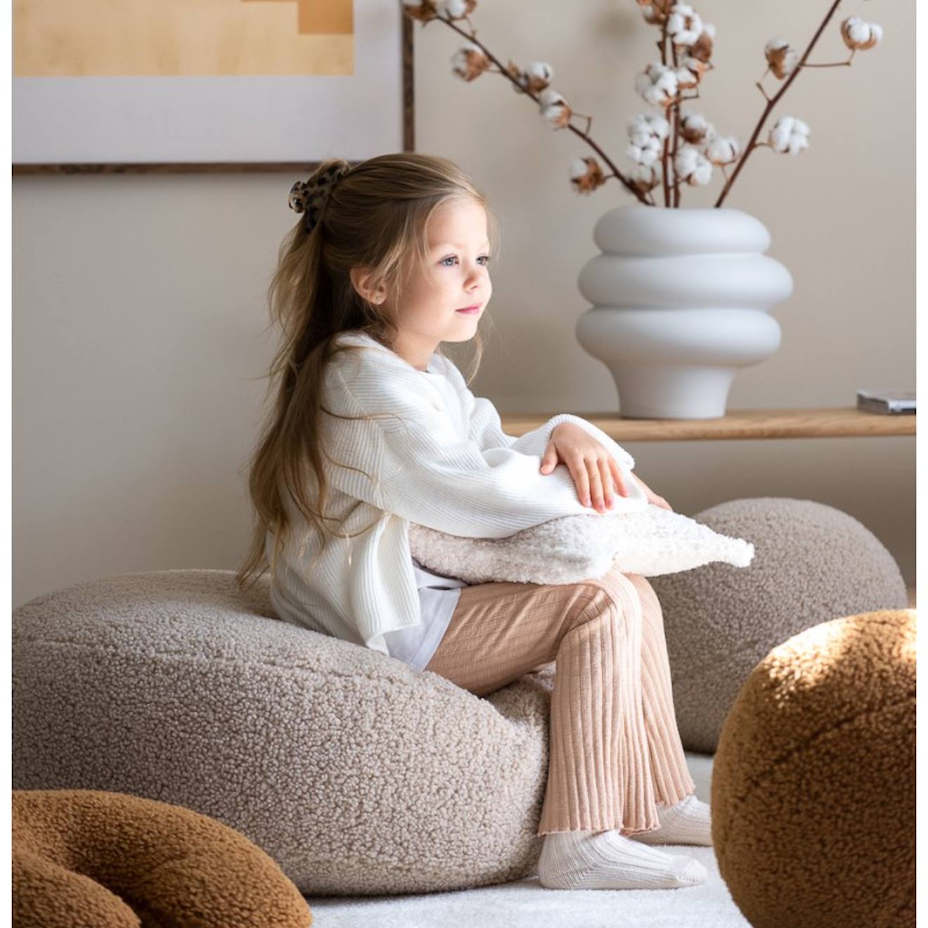 Wigiwama - Pouf Enfant Rond Bouclette Ottoman Biscuit
