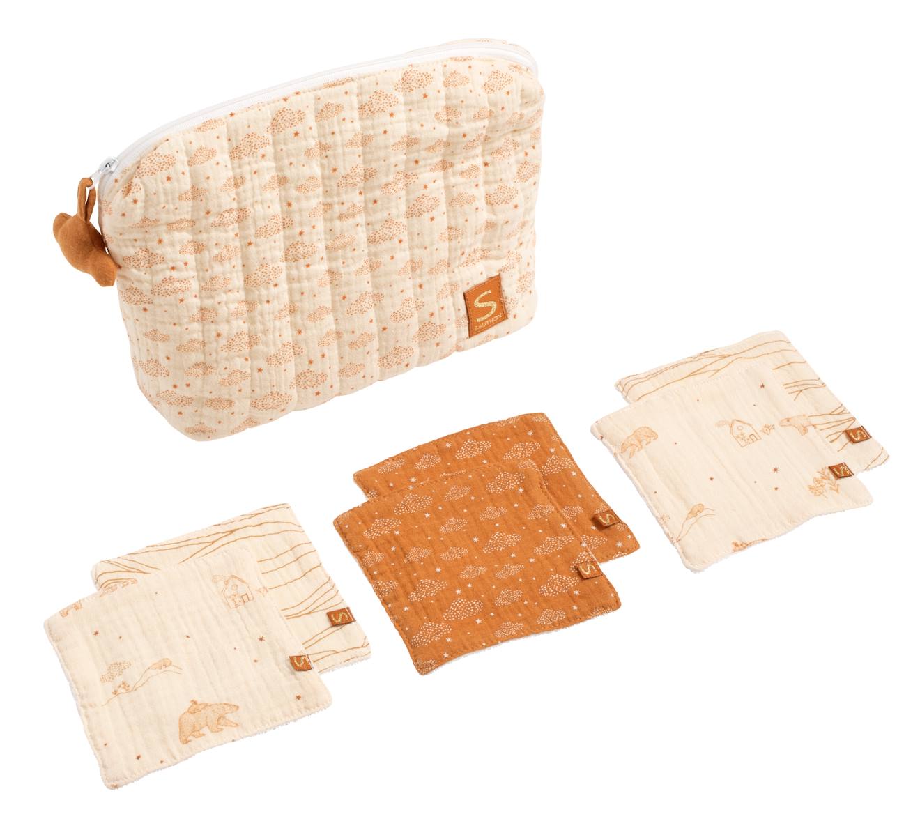 Trousse De Toilette En Double Gaze De Coton Et Carrés Éponge Beige
