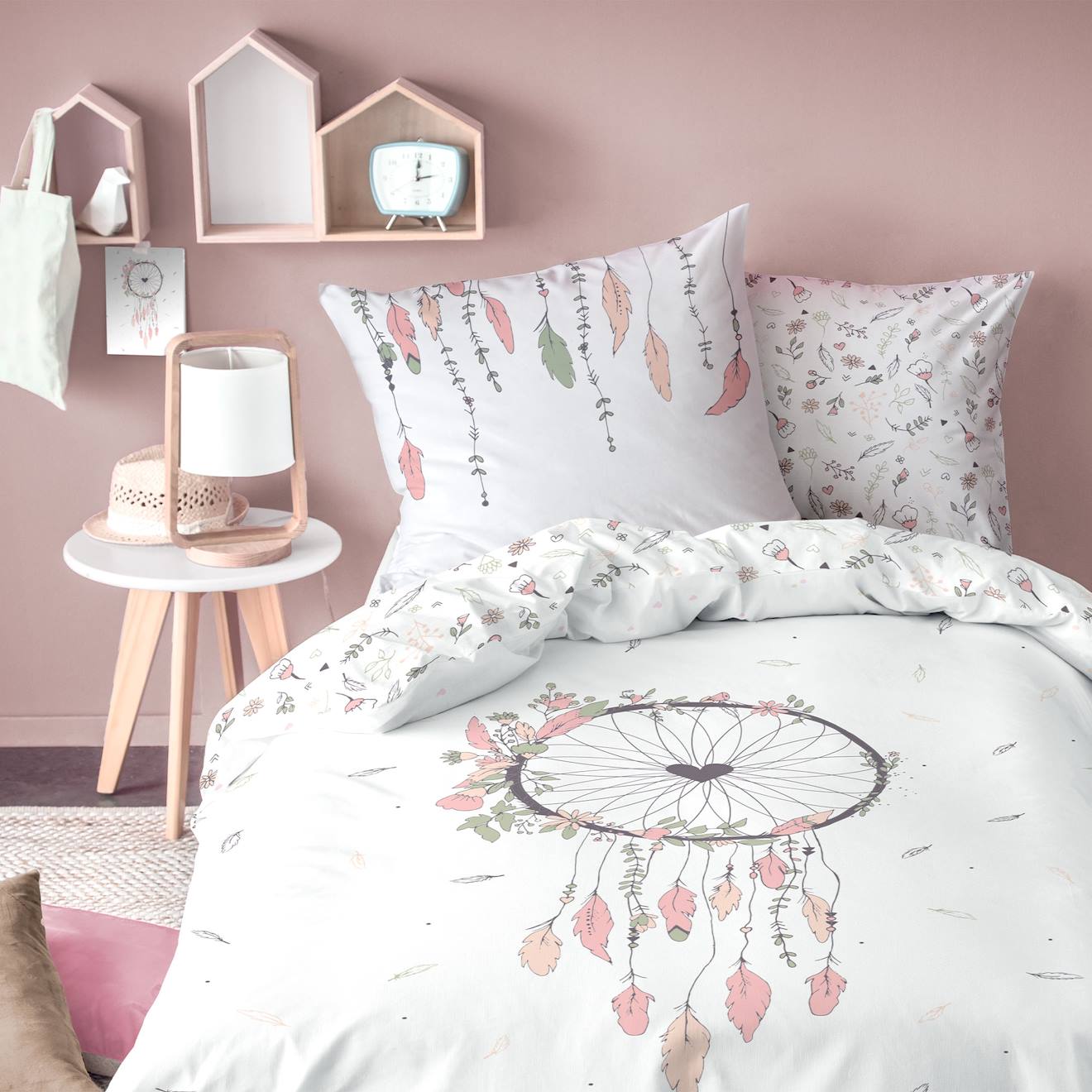 Parure De Lit Imprimée 100% Coton, Attrape Coeur Blanc