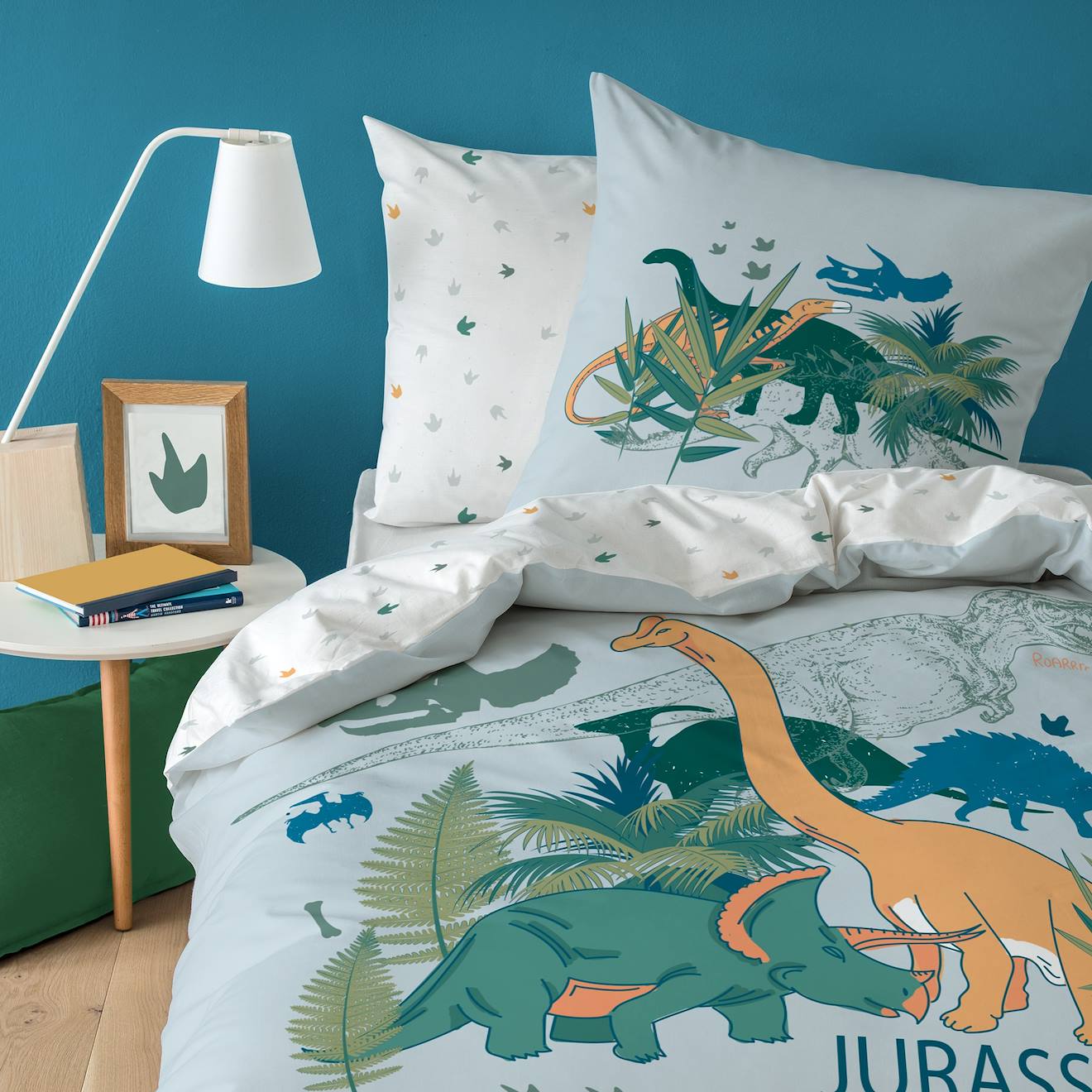 Parure De Lit Imprimée 100% Coton, Dino Jungle Gris