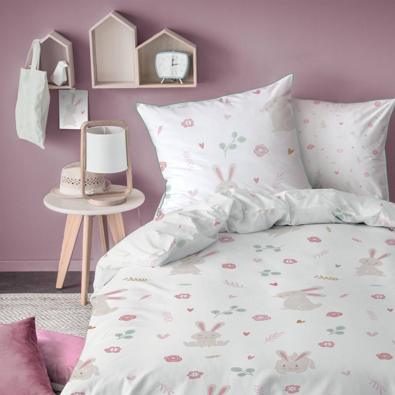 Parure De Lit Imprimée 100% Coton, Petit Lapin Blanc