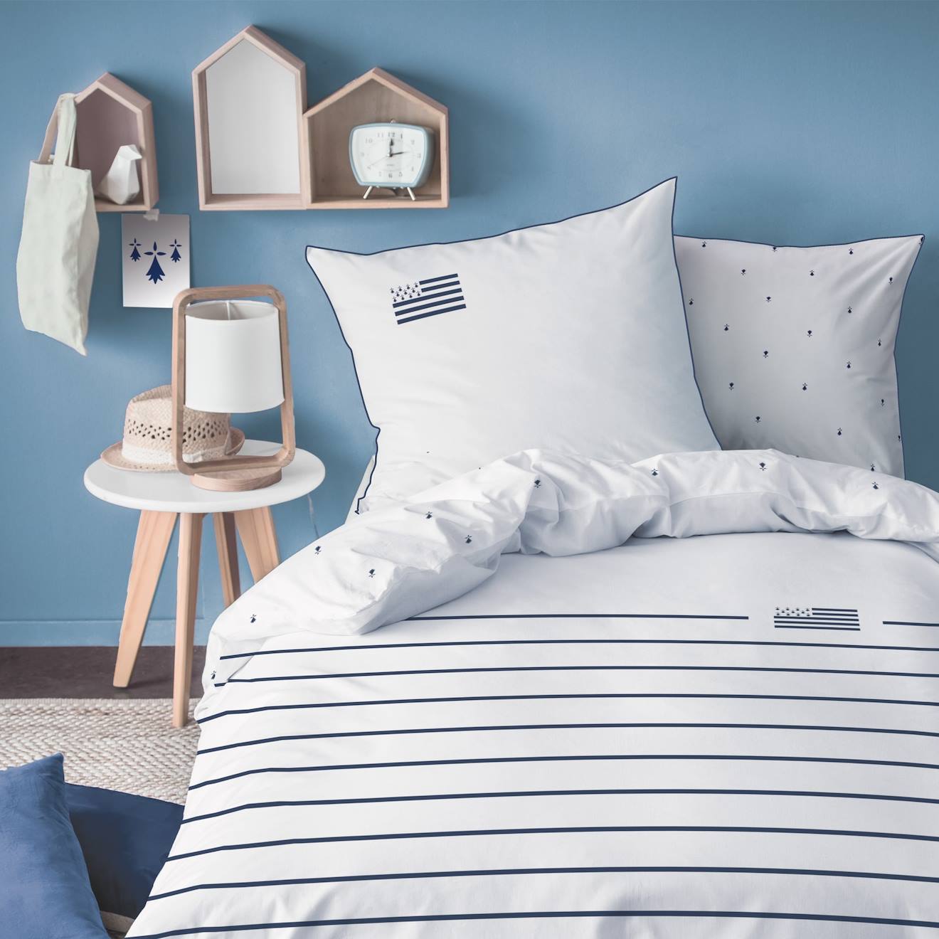 Parure De Lit Imprimée 100% Coton, Bretagne Gwenn Ha Du Blanc