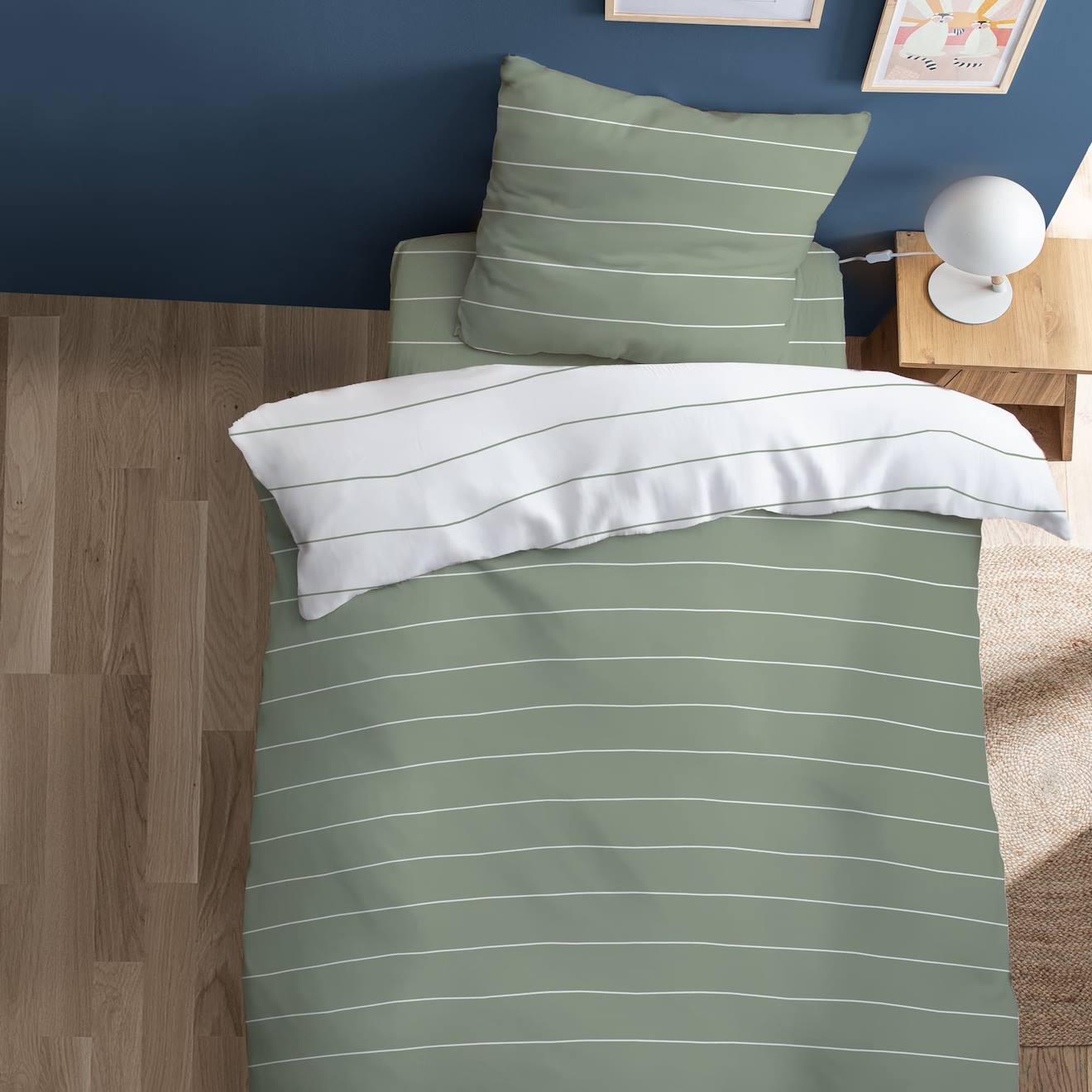 Parure de lit imprimée 100% coton, stripes lichen
