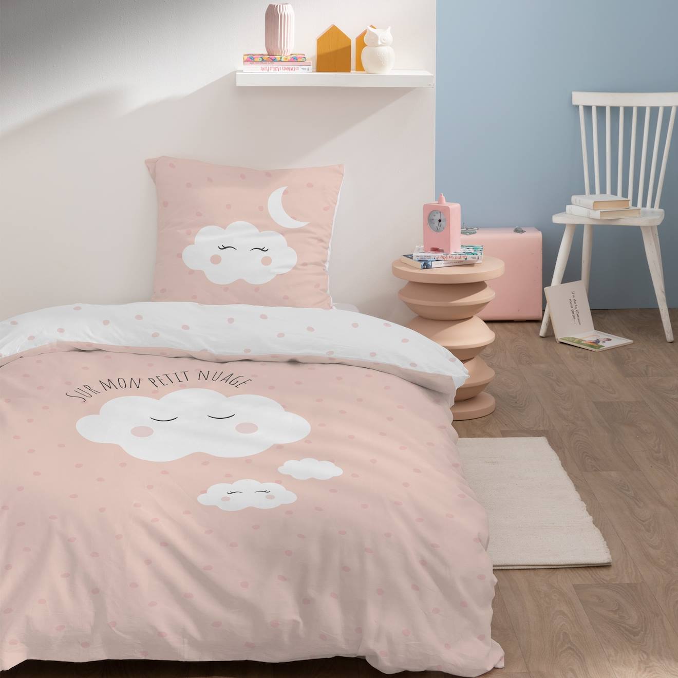Parure De Lit Imprimée 100% Coton, Nuages Rose