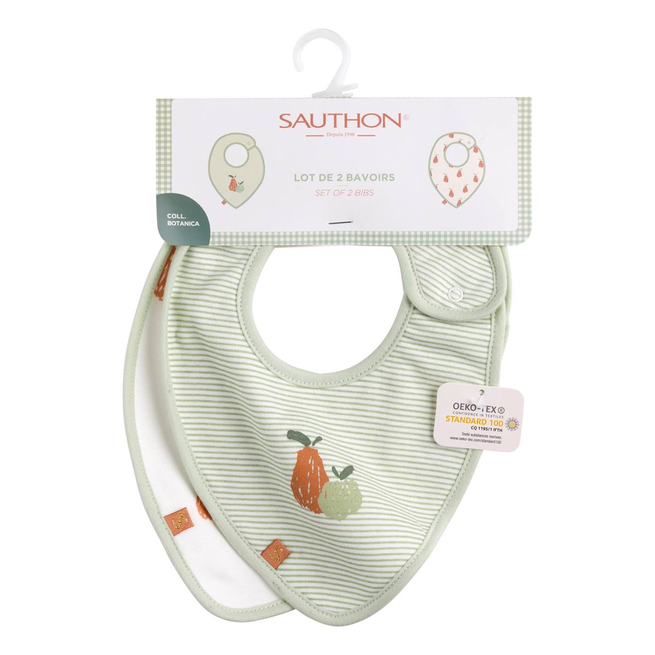 Bavoirs En Coton Lot De 2 - Botanica Vert Tilleul (Sauthon) - Image 1