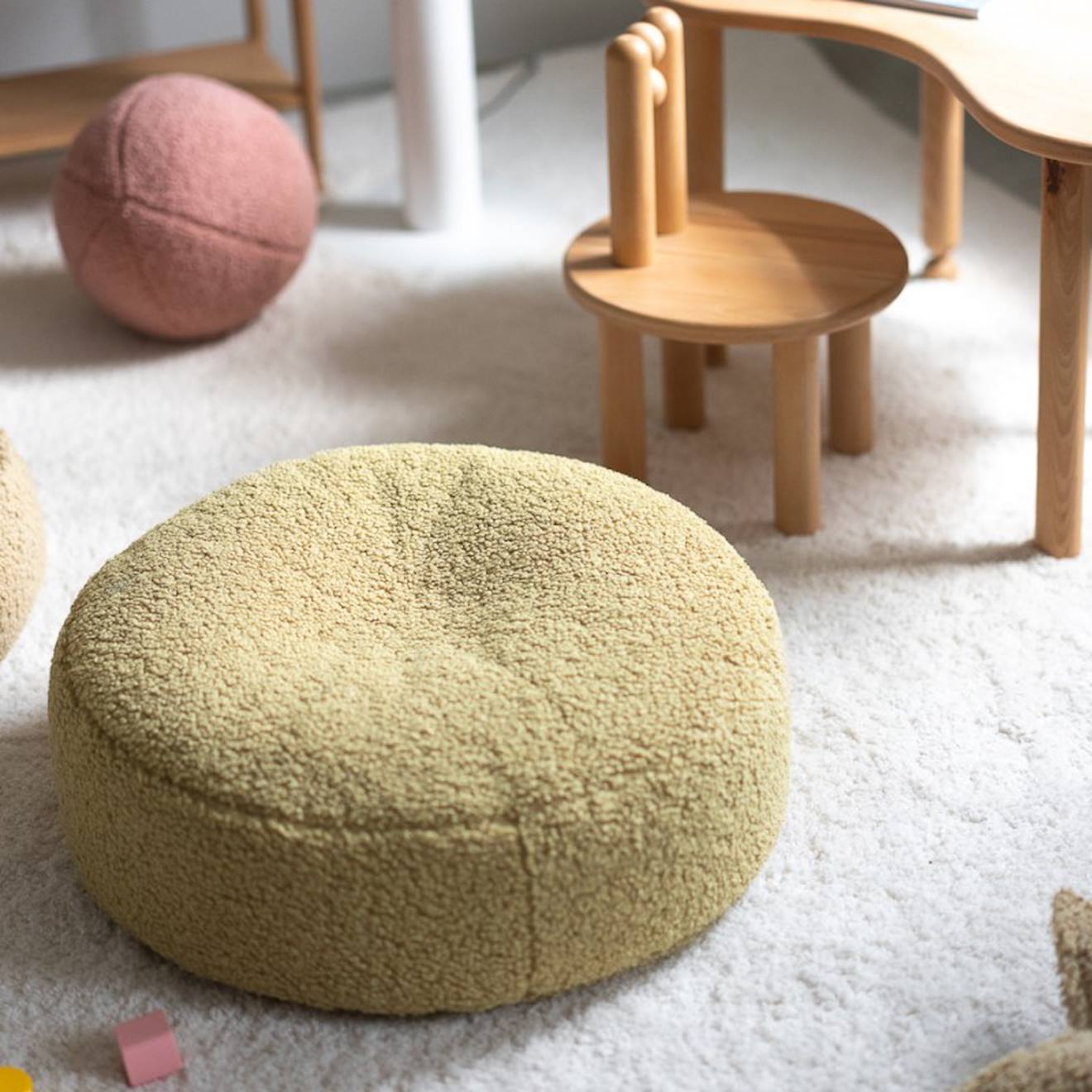 Pouf Enfant Rond Bouclette Ottoman Matcha