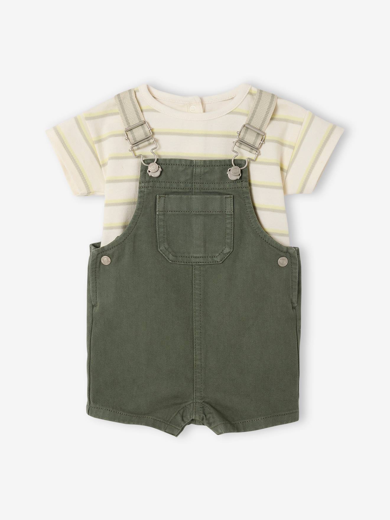 Ensemble t-shirt rayé et salopette bébé vert