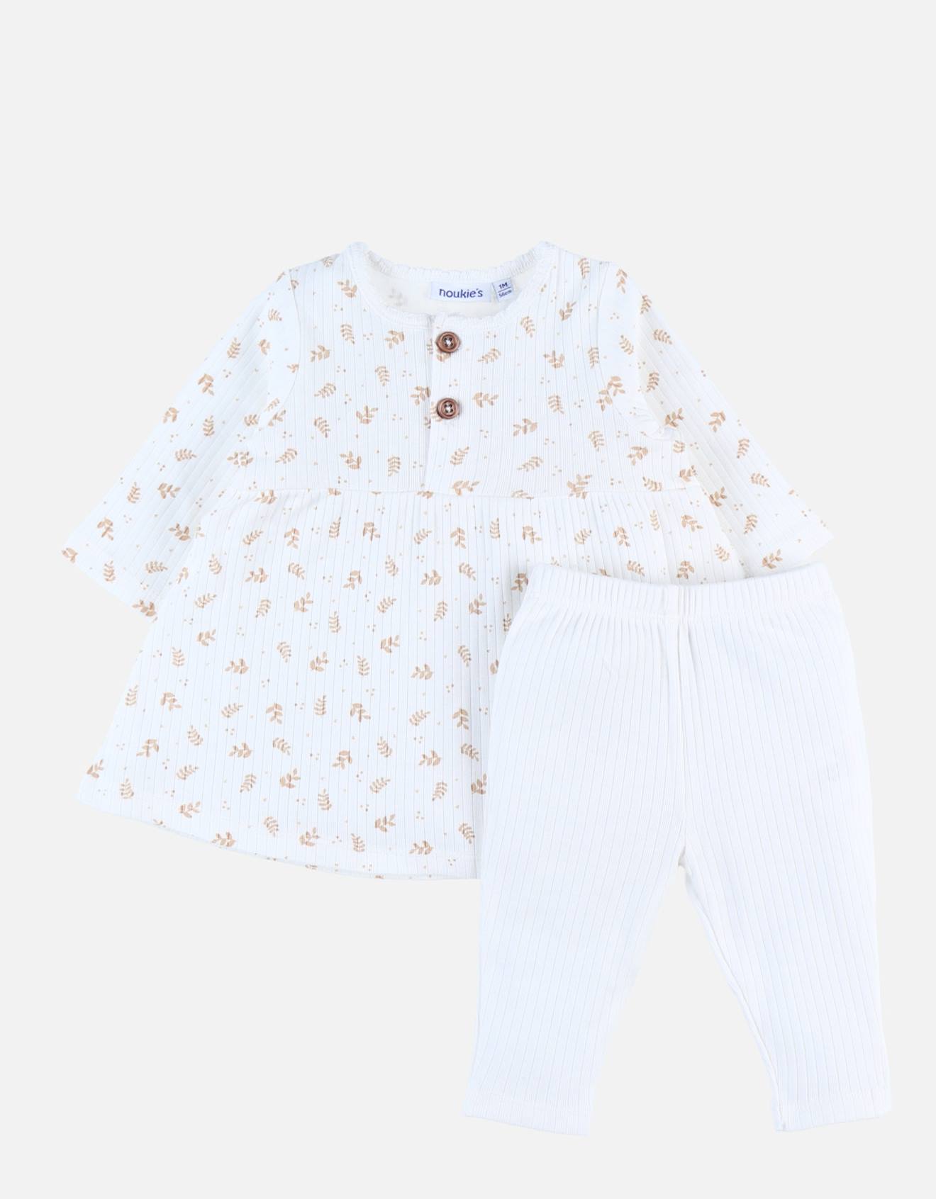 Noukies - Set Robe Imprimé Végétal + Legging En Jersey Côtelé Beige