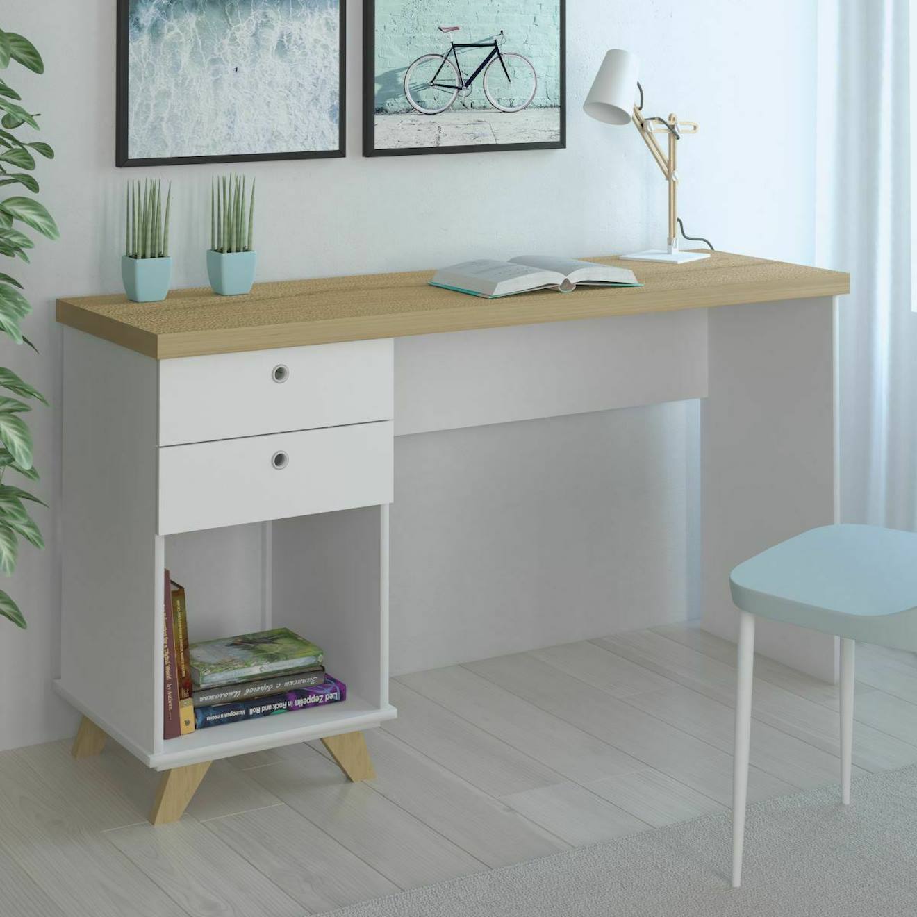 Bureau 2 Tiroirs Seamus Blanc Et Bois