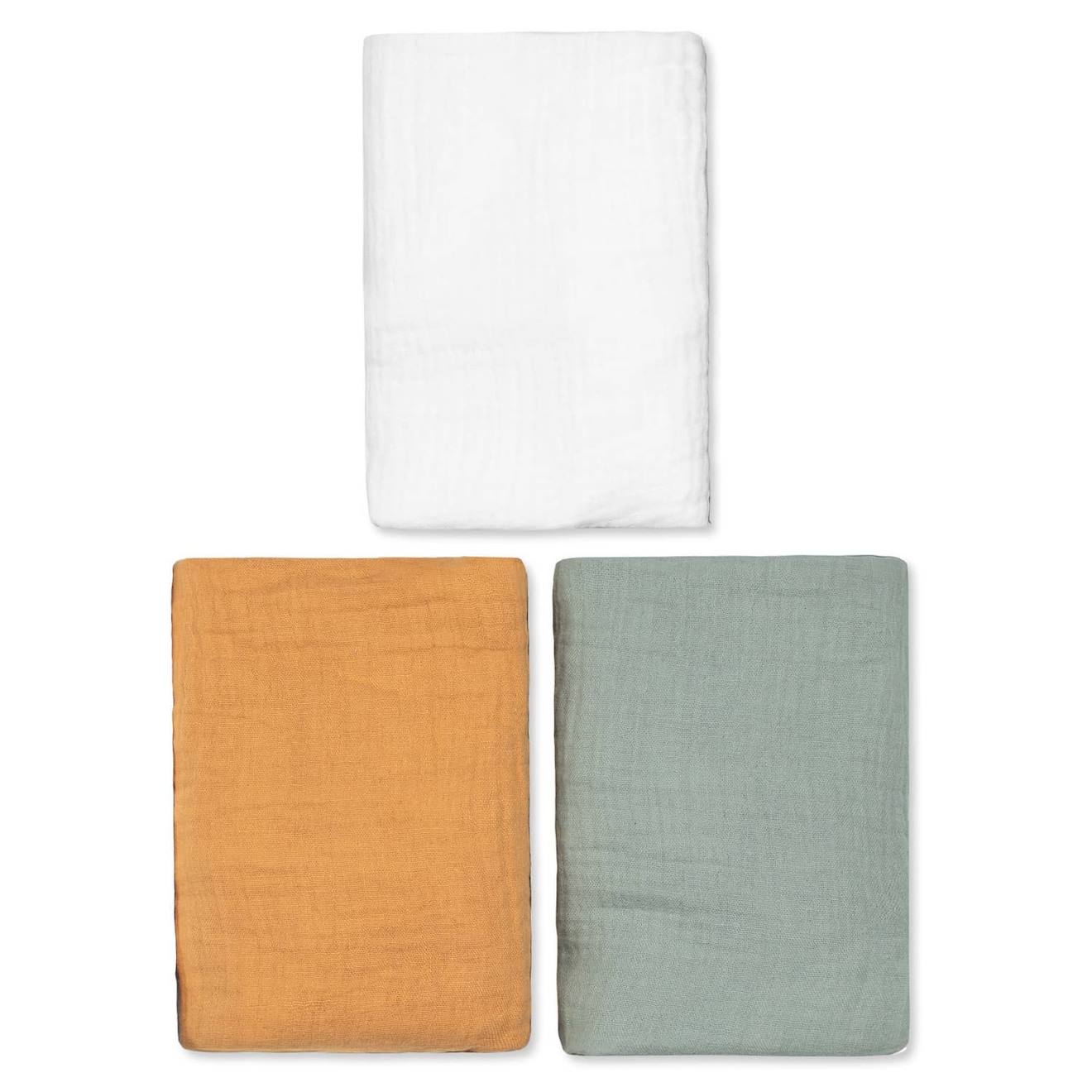Lot De 3 Draps Housses Couffin En Gaze De Coton Uni Vert, Camel, Blanc