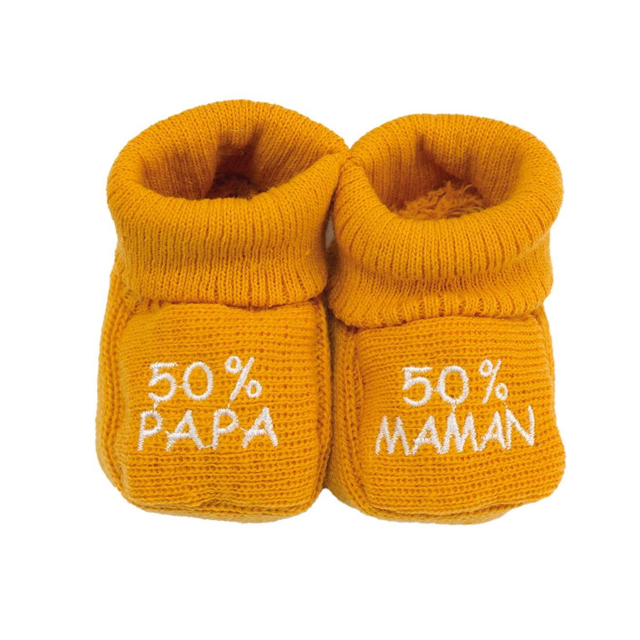 Chaussons Naissance - Message : 50% Maman 50% Papa Moutarde