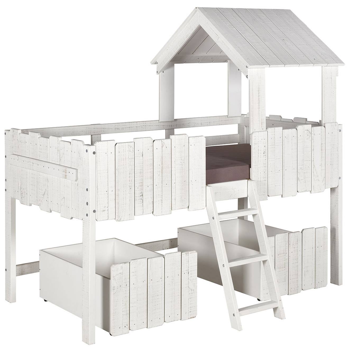 Pack Lit Cabane Mi-hauteur Avec Tiroirs Et Matelas Donnie Bois Massif Donnie Blanc