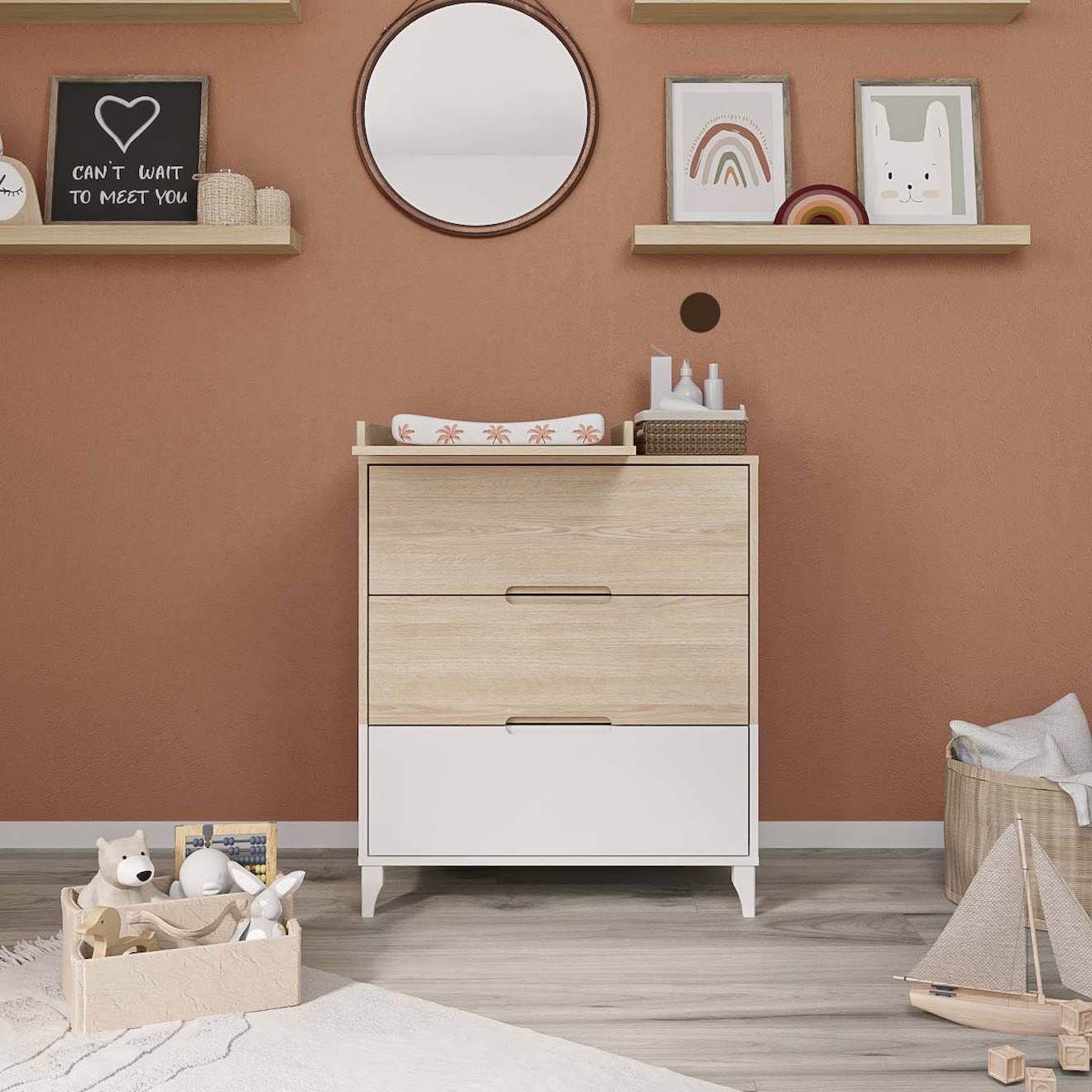 Commode À Langer 3 Tiroirs Dixie Blanc Et Bois