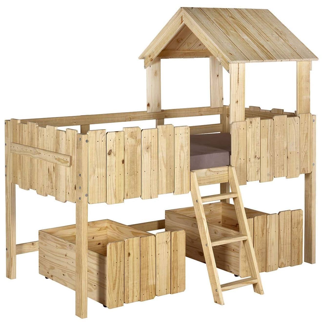 Pack Lit Cabane Mi-hauteur Avec Tiroirs Et Matelas Donnie Bois Massif Donnie Bois Naturel