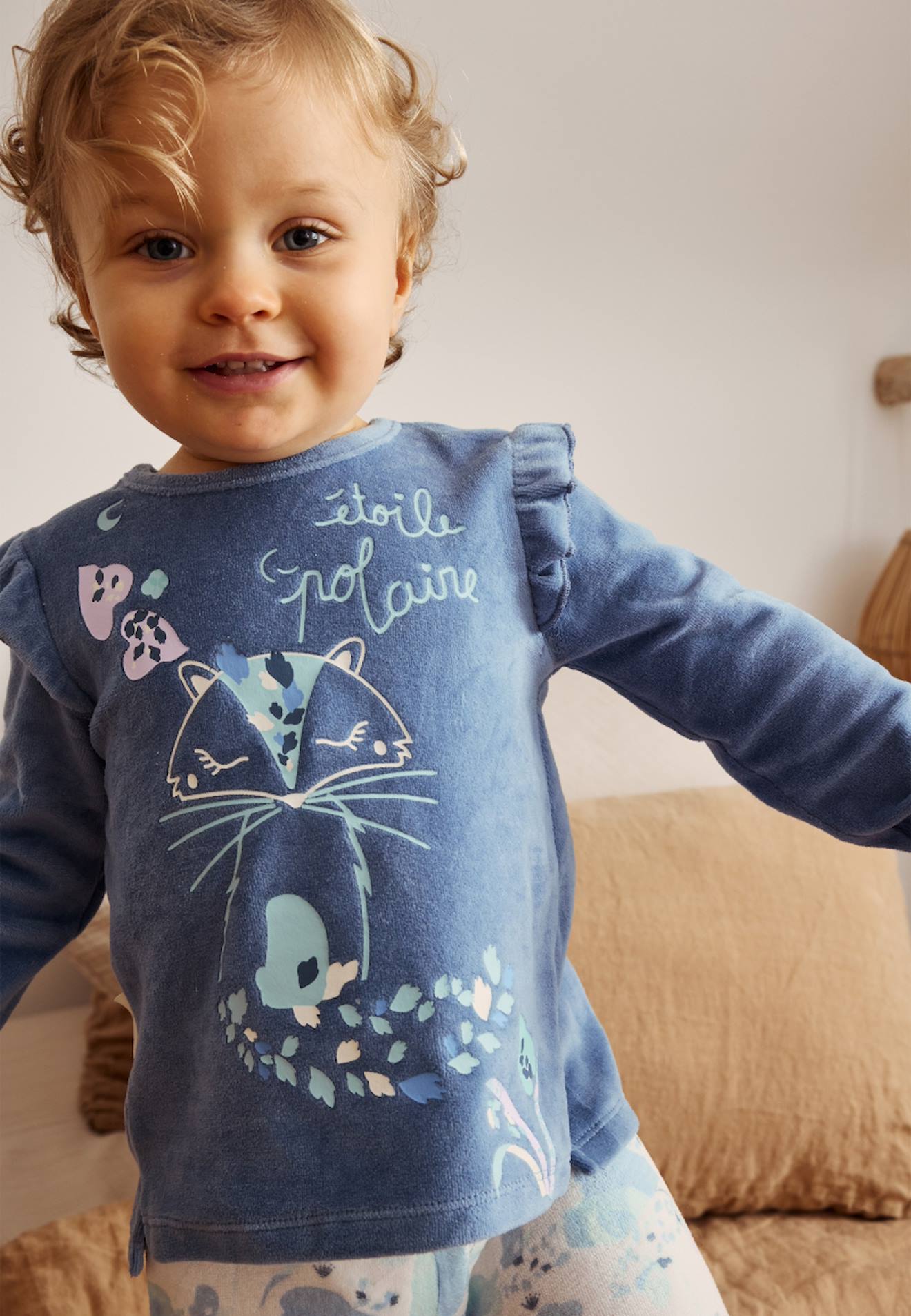 Pyjama Bébé 2 Pièces En Velours Avec Pieds Polarmoon Bleu