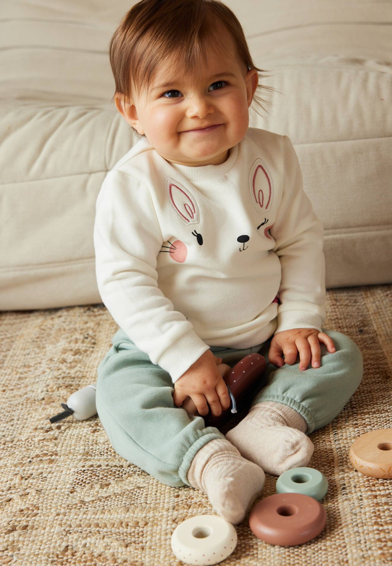 Ensemble Sweat Et Pantalon Avec Headband Bébé Fille En Molleton Happy Bunny Kaki