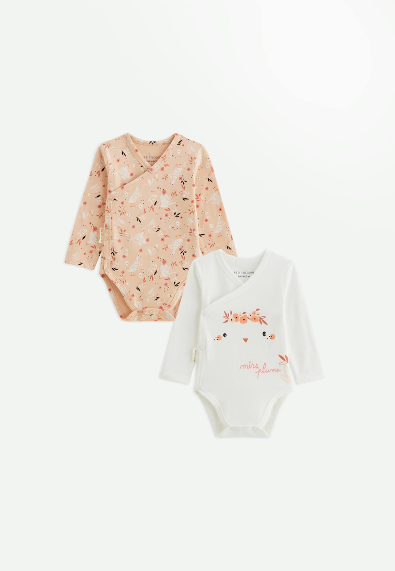 Lot De 2 Bodies Bébé Manches Longues Ouverture Croisée Miss Plume Ecru