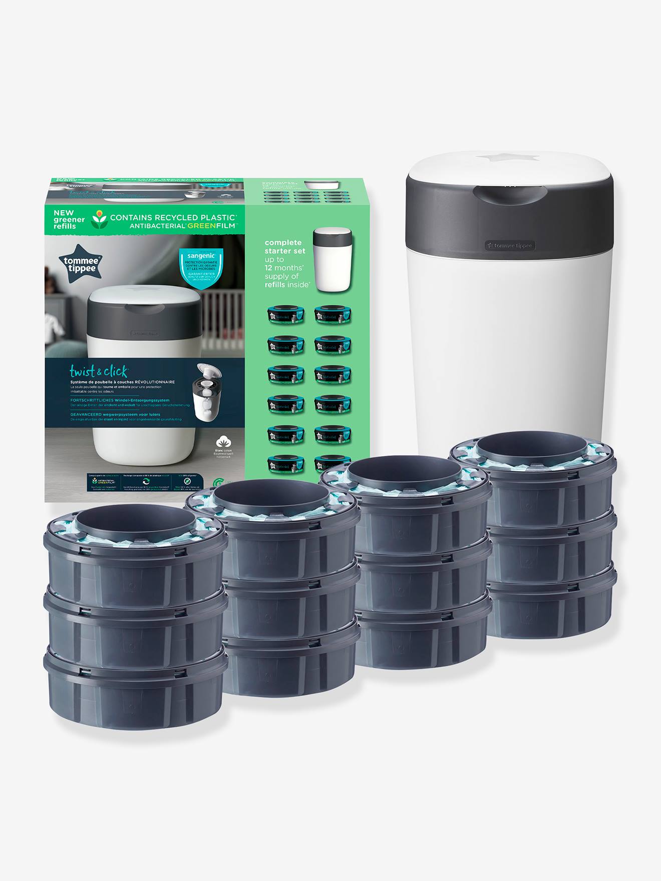 Starter pack poubelle à couches Twist & Click + 12 recharges blanc