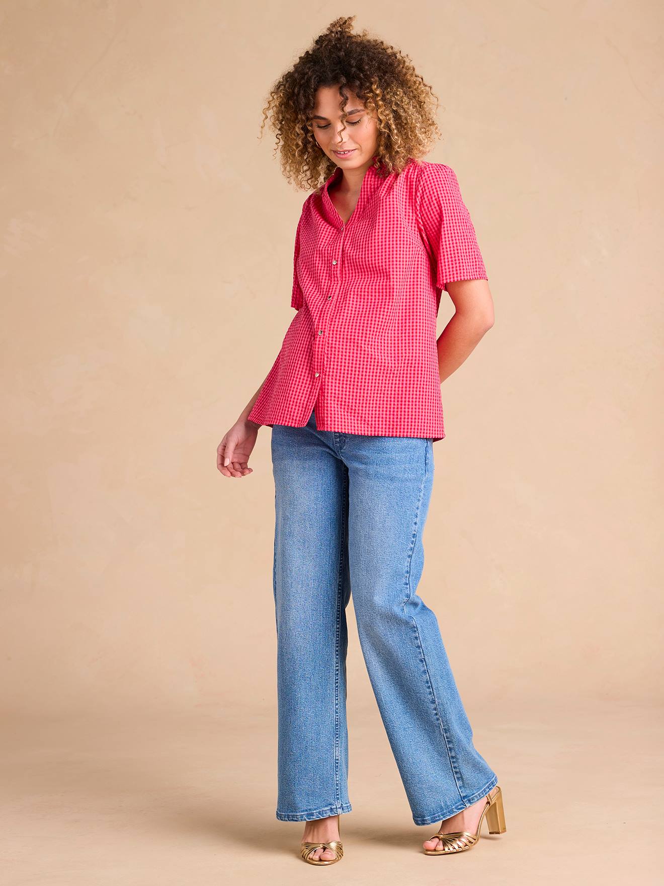 Chemise en seersucker vichy grossesse et allaitement rose