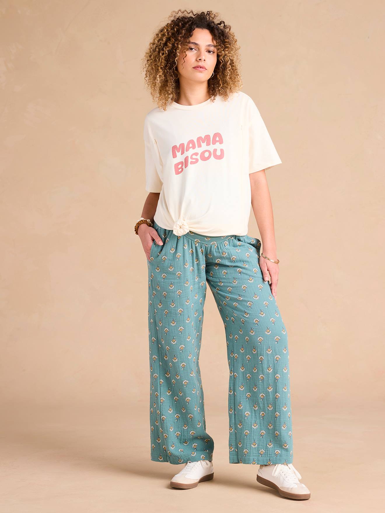Pantalon large de grossesse en gaze coton imprimé ENVIE DE FRAISE avec bandeau vert