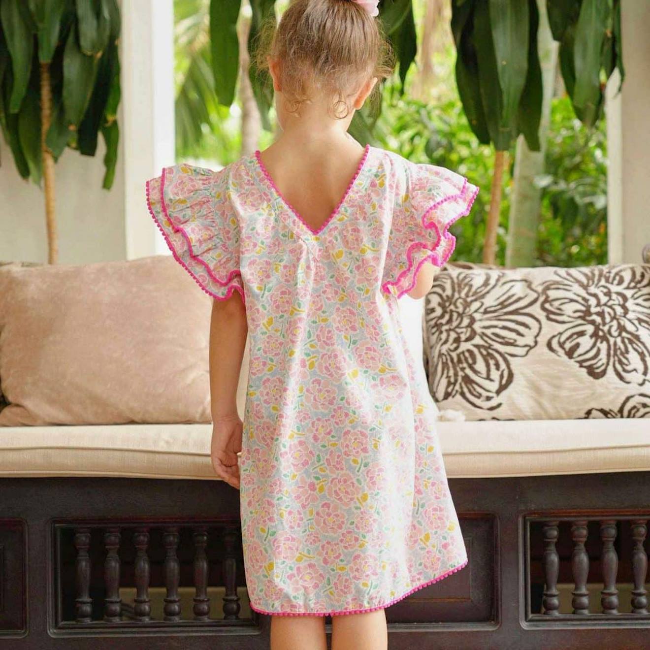 Robe Cérémonie Coton Palmiers Butterfly Rose Bleu Pastel
