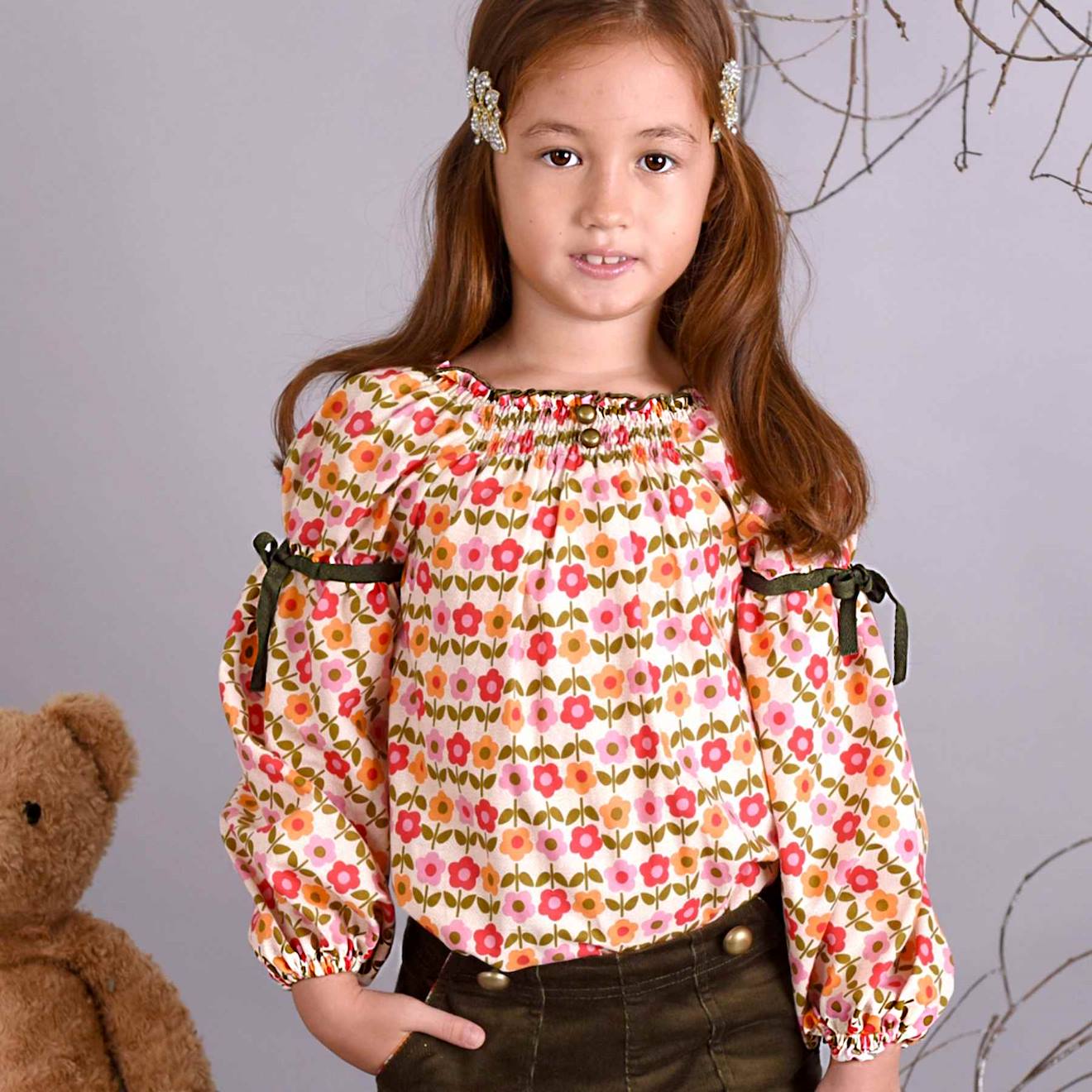 Blouse Fleurie Hiver Fleuri Col Smocks Chimene Orange Rouge