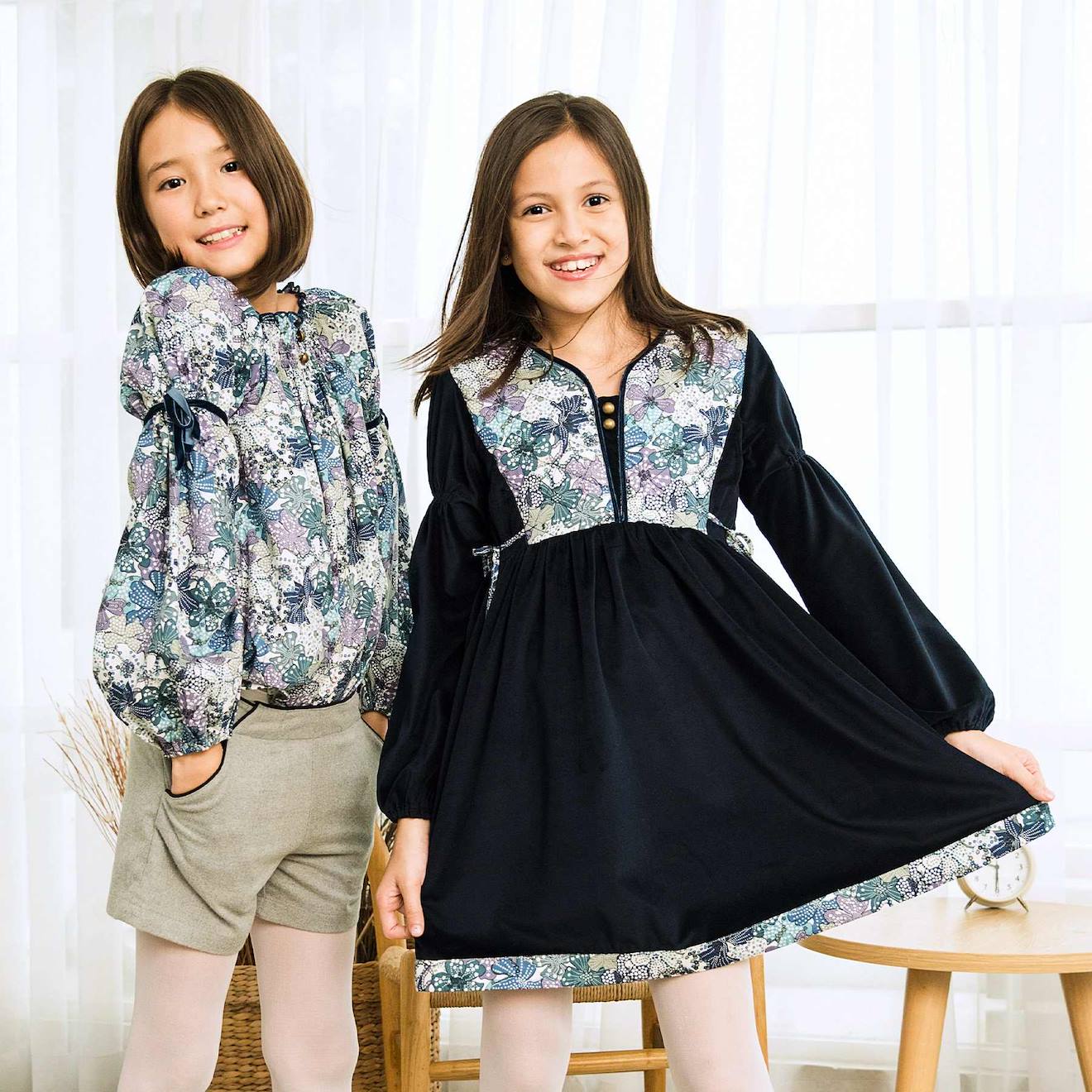 Robe Fleurie Hiver Velours Coton Margot Bleu Marine Lilas