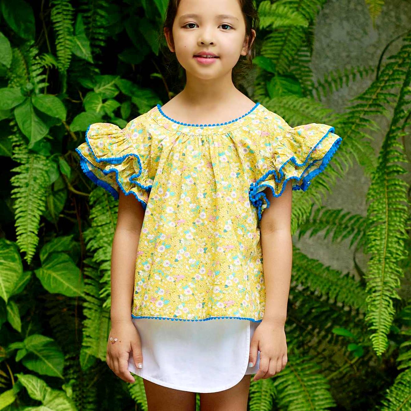 Blouse Été Fleurie Manches Papillons Butterfly Jaune Bleu