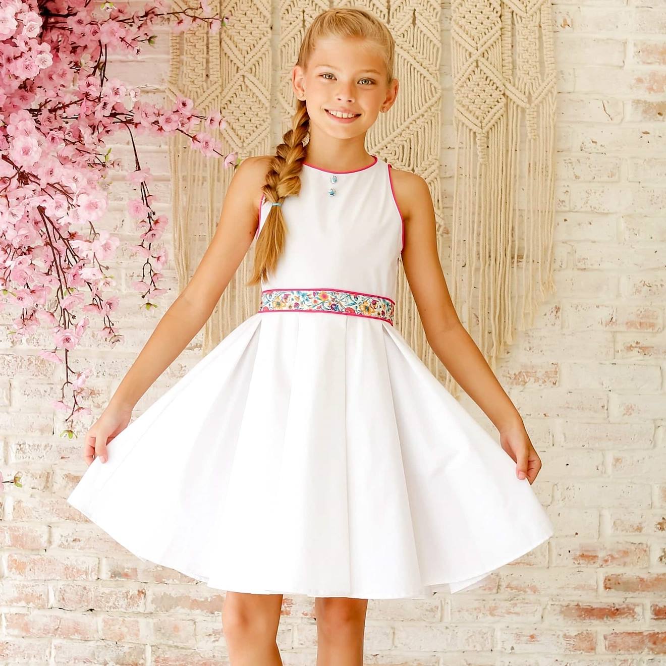 Robe Cérémonie Coton Fleurie Liberty Hepburn Blanc Rose