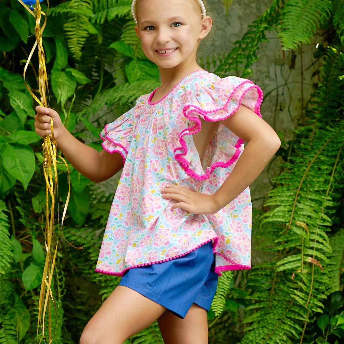 Blouse Été Fleurie Et Manches Papillons Butterfly Rose Bleu Pastel