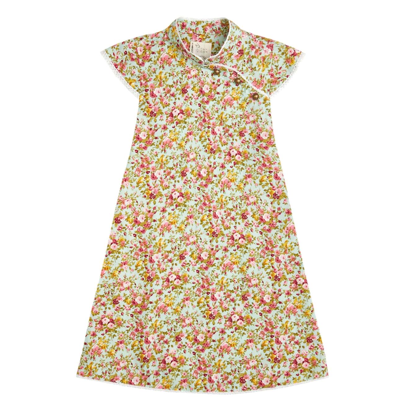 Robe Chinoise Fleurie Col Mao Annam Vert D'eau Rouge
