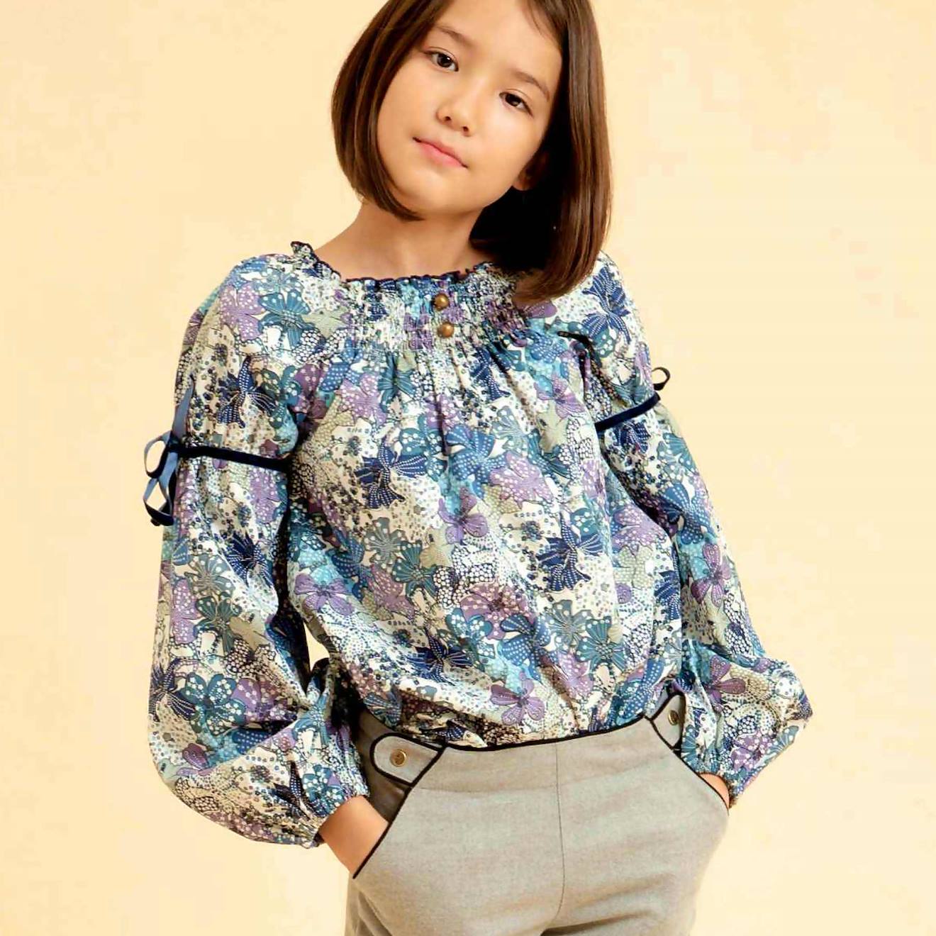 Blouse Fleurie Col Smocks Chimene Bleu Lilas