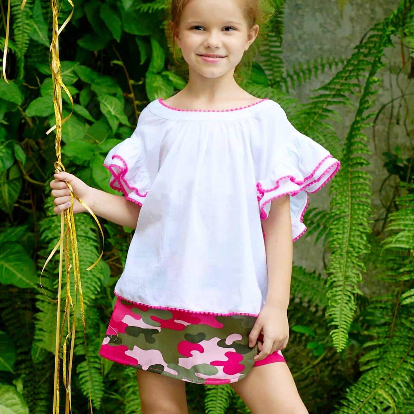 Blouse Été Fleurie Et Manches Papillons Butterfly Blanche Fuchsia