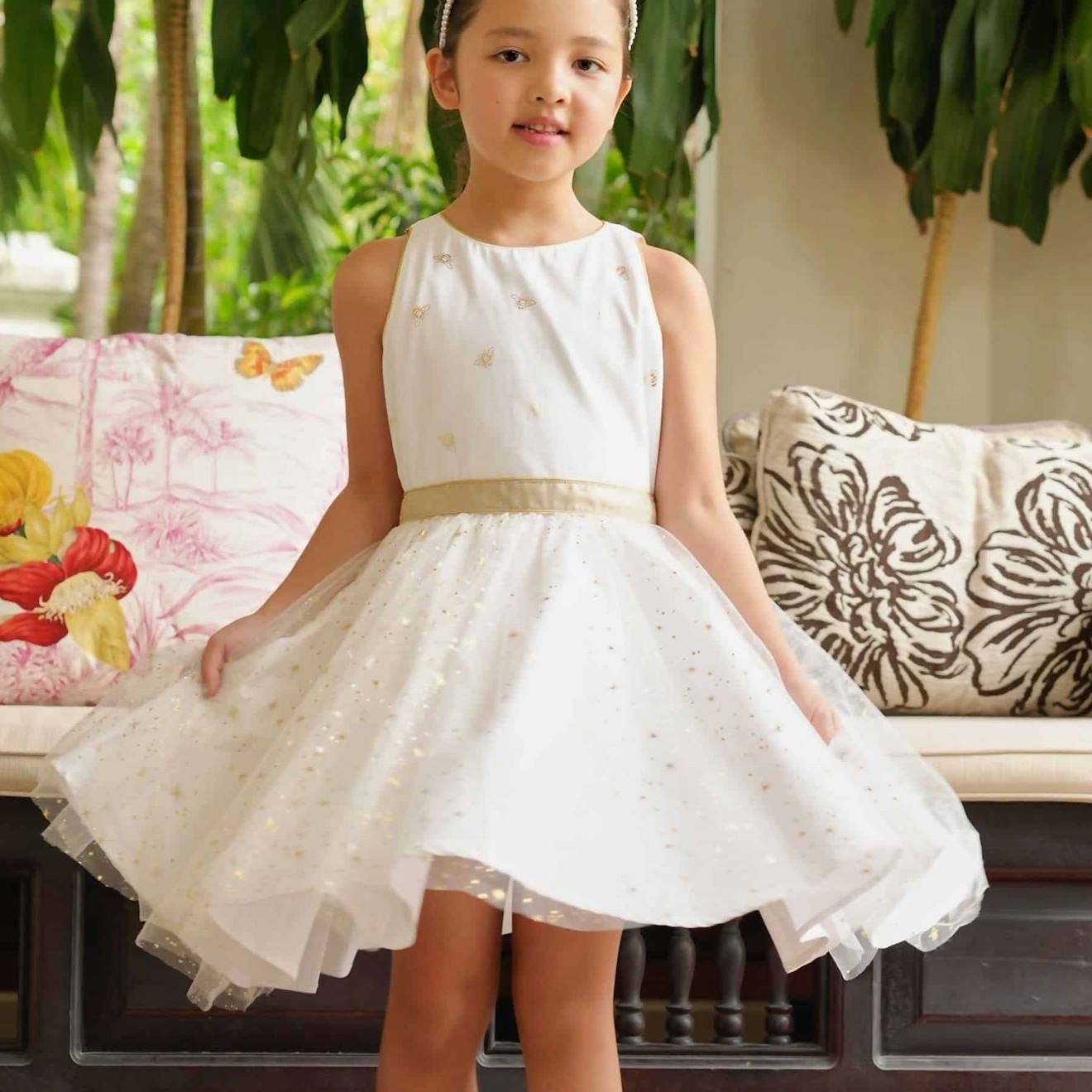 Robe Cérémonie Coton Et Tulle À Paillettes Hepburn Blanc Or