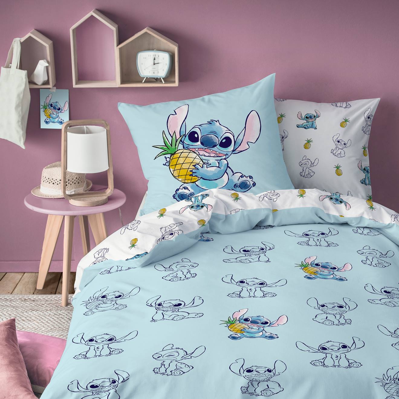 Parure de lit imprimée 100% coton, disney home stitch ananas bleu/blanc