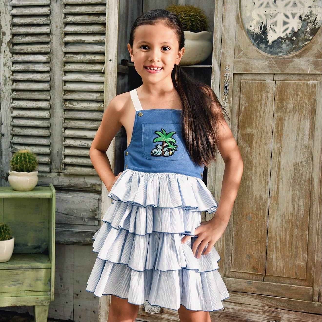 Robe Salopette Volants Fines Rayures Gigi Bleu Ciel Bleu Denim